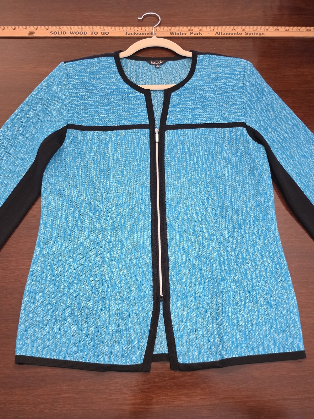 Misook Bright Blue Zip-Front Cardigan Jacket w/ Black Trim